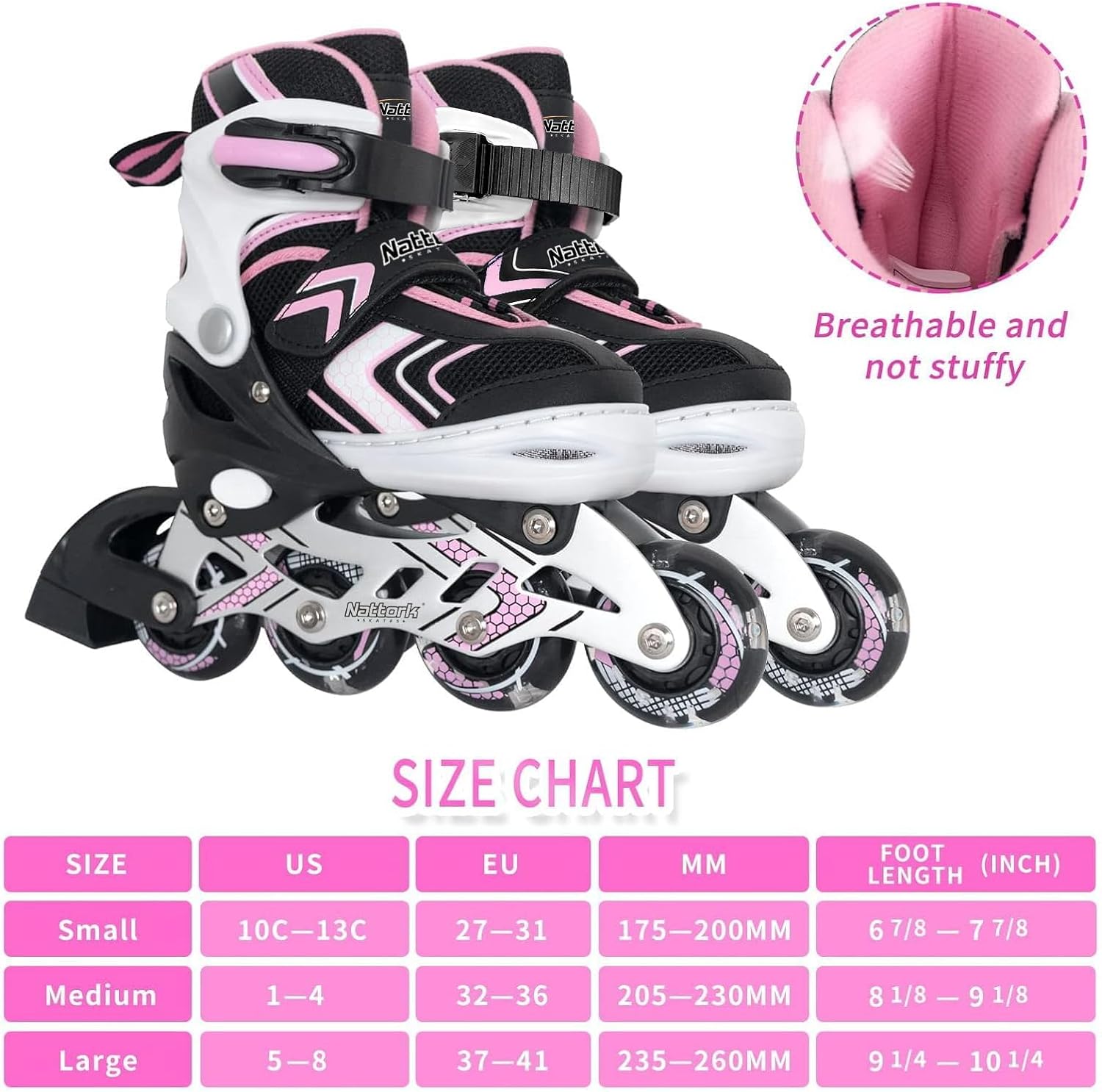 Nattork Adjustable Inline Skates for Girls and Boys with Full Light up Wheels, Beginner Roller Skates for Kids Youth Purple Pink Blue Black